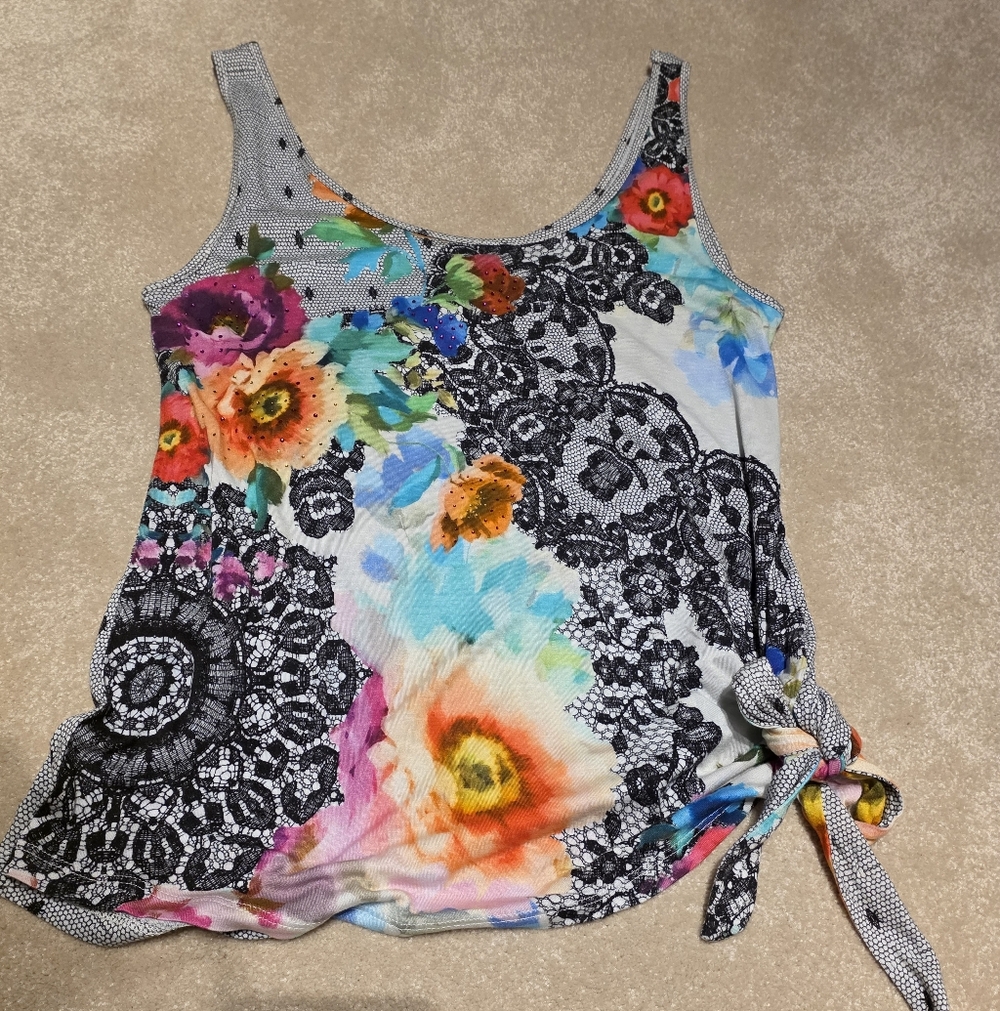Desigual Floral & Lace Print Multicolor Knot Tank Top